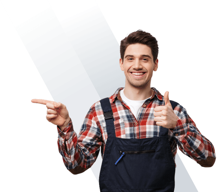 Smiling man in plaid shirt, thumbs up.